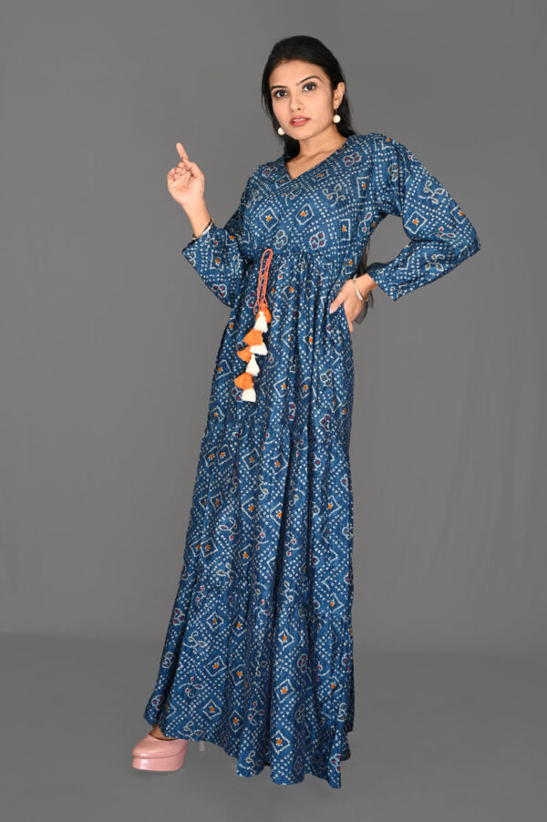Buy Blue Bandhani Gathers Flare Dress online in India