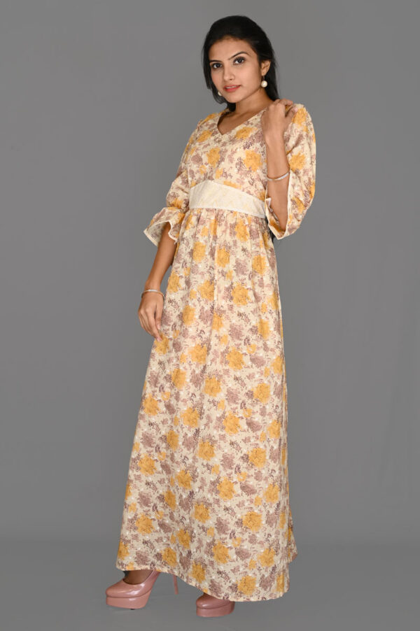 Buy Cream Color with Yellow Grey Floral Aline Dress Online in India