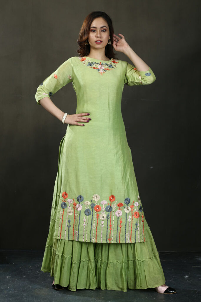 Buy Parrot Green Thread Work Chanderi Sharara Set Dress Online