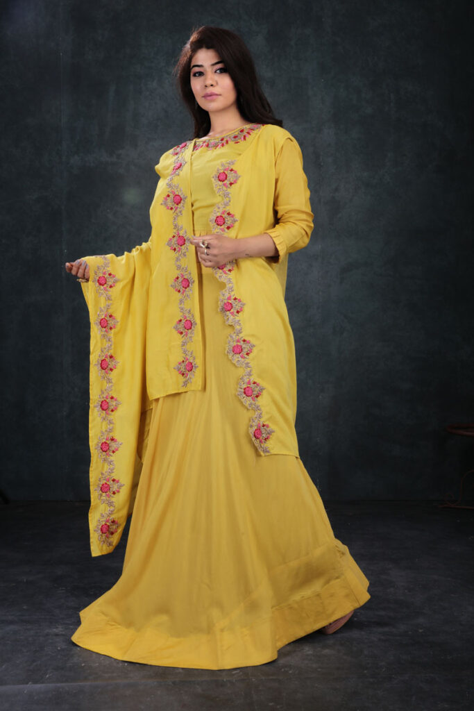 Buy Mustard Yellow Top, Skirt & Drape Jacket Dupatta Online