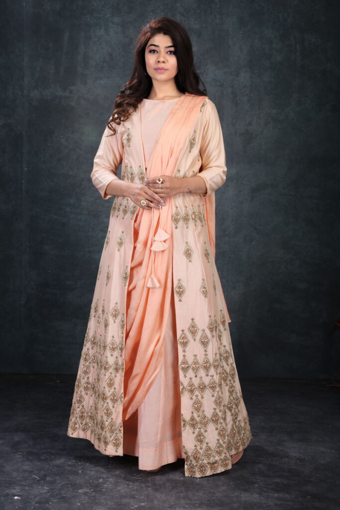 Buy Peach Jacket Dress with Wrap Around Skirt & Top Online