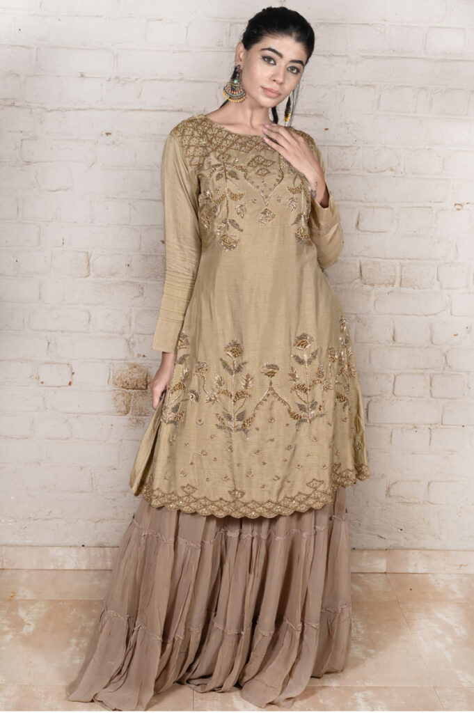 Buy Brown Zardosi Dress with Sharara Online