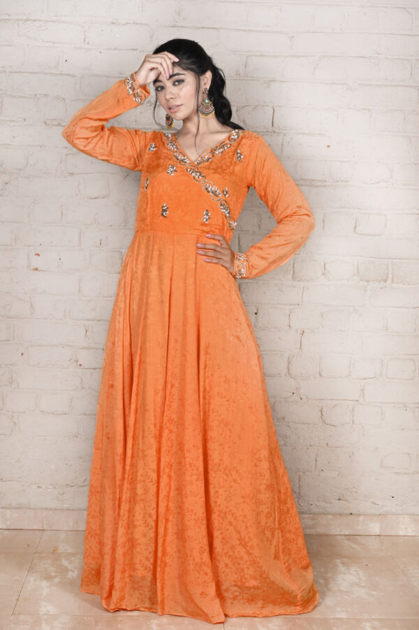 Order Orange Jacquard Weave Anarkali with Dupatta Dress Online