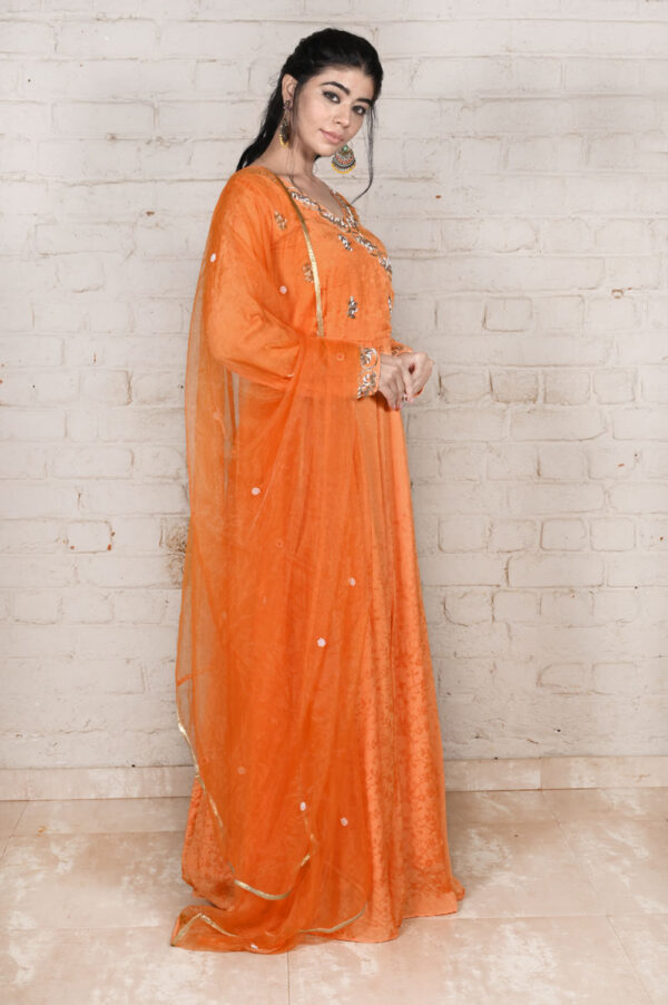 Buy Orange Jacquard Weave Anarkali with Dupatta Dress Online in India