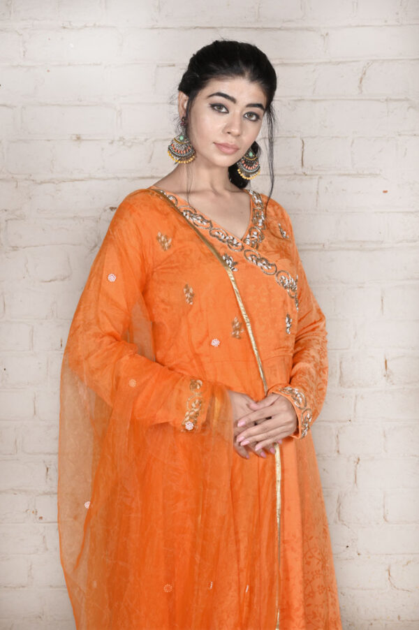 Order Orange Jacquard Weave Anarkali with Dupatta Dress Online in India