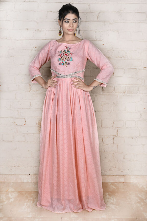 Buy Pinkish Peach Jacquard Beaded Lace Anarkali Dress Online in India