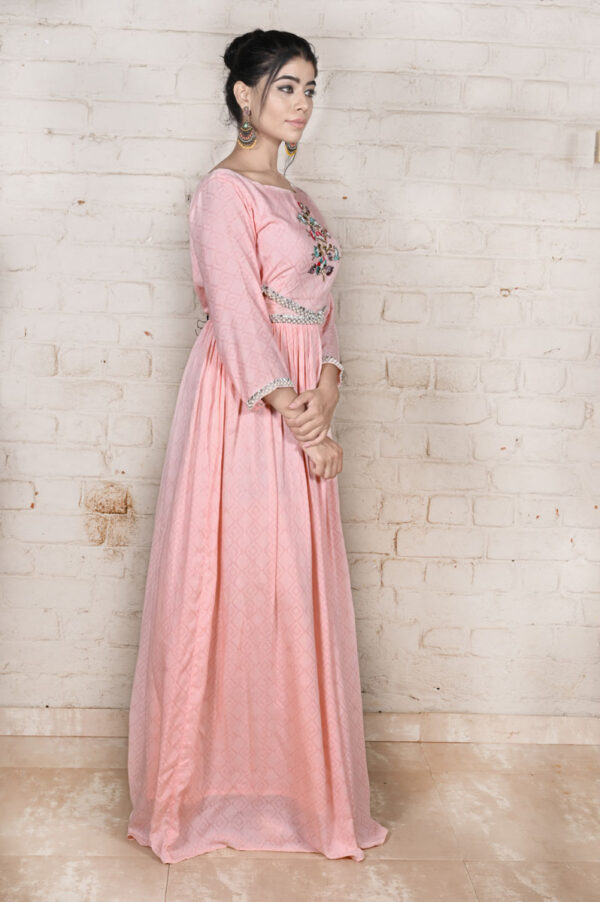 Order Pinkish Peach Jacquard Beaded Lace Anarkali Dress Online