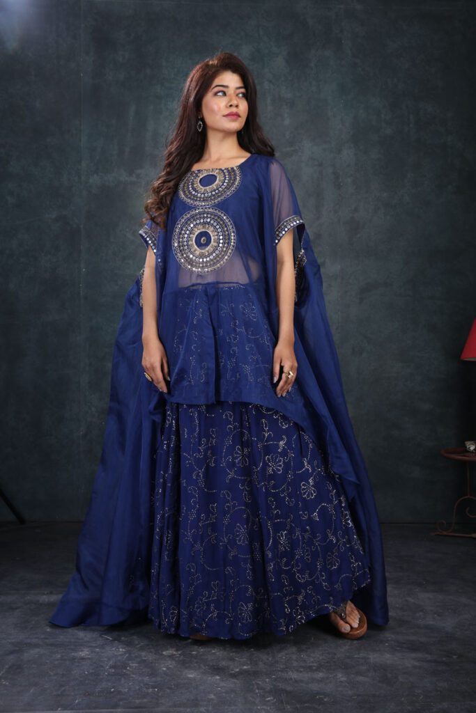 Buy Navy Blue Organza Anika Cape, Skirt & Top Online