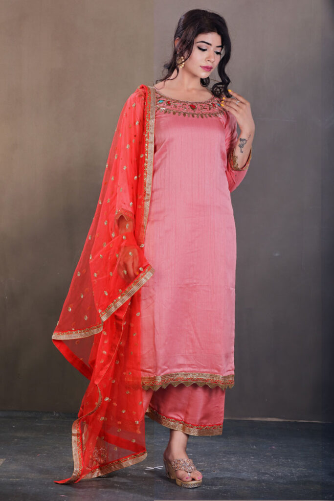 Buy Satin Resham Peach Salwar Suit Online