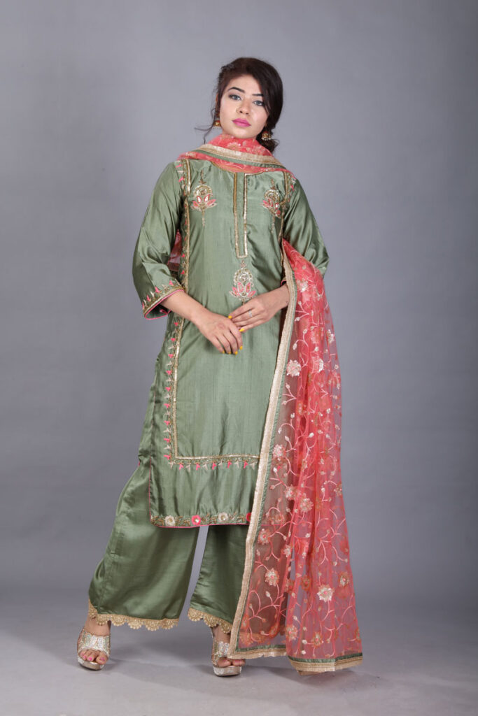 Buy Mehandi Green Resham Satin Kurti Online