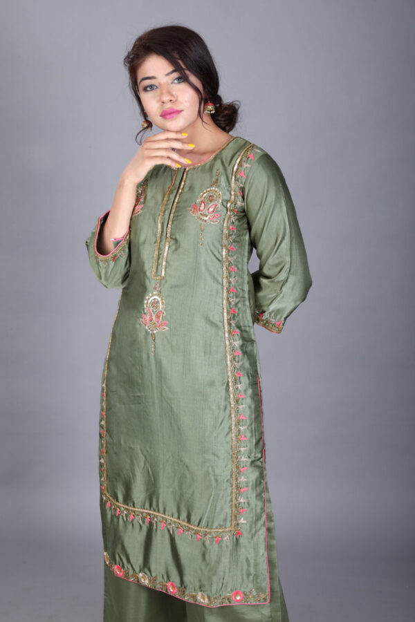 Mehandi Green Resham Satin Kurti dress Online