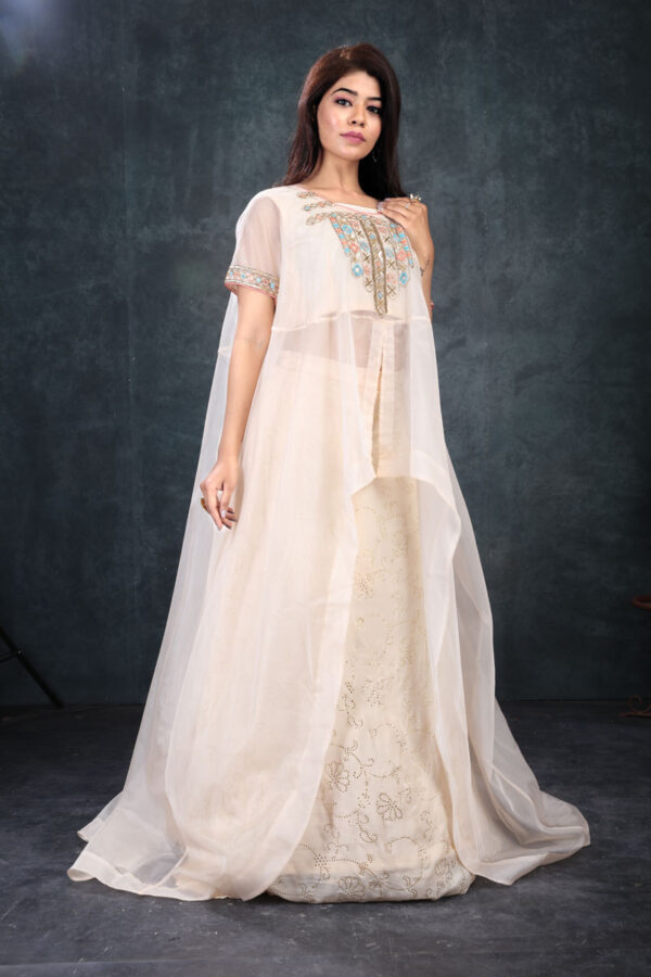 Order Peach Organza Anika Cape, Skirt & Top Online in India