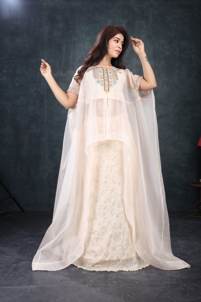 Buy Peach Organza Anika Cape, Skirt & Top Online