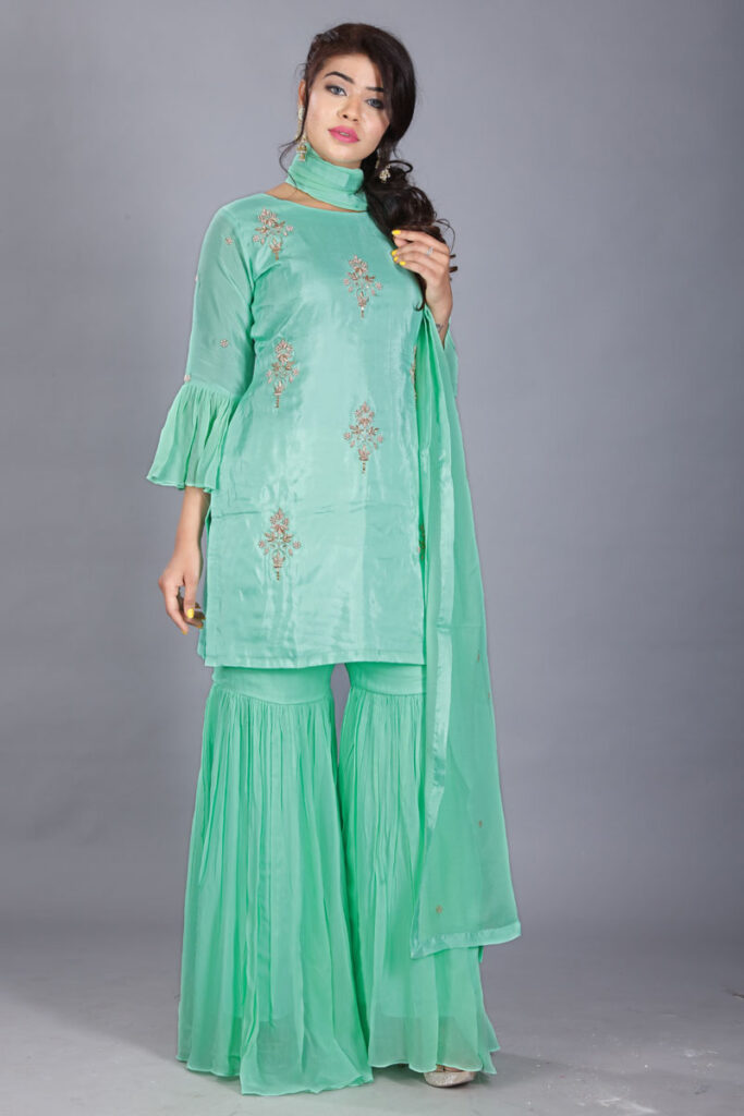Buy Turquoise Green Kurti, Sharara & Dupatta Dress Online