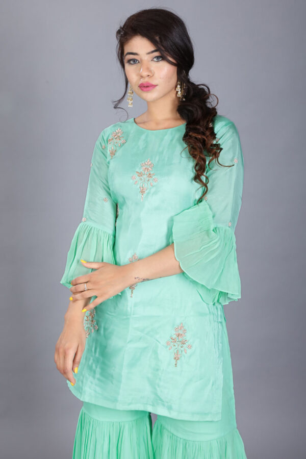 Order Turquoise Green Kurti, Sharara & Dupatta Dress Online