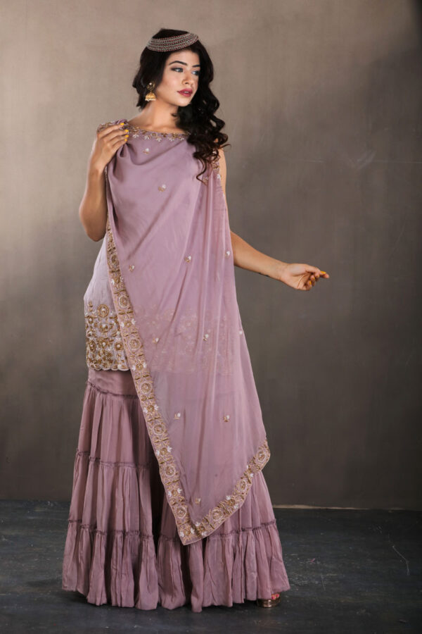 Buy Purple Silk Kurti with Attached Sharara & Dupatta Dress Online