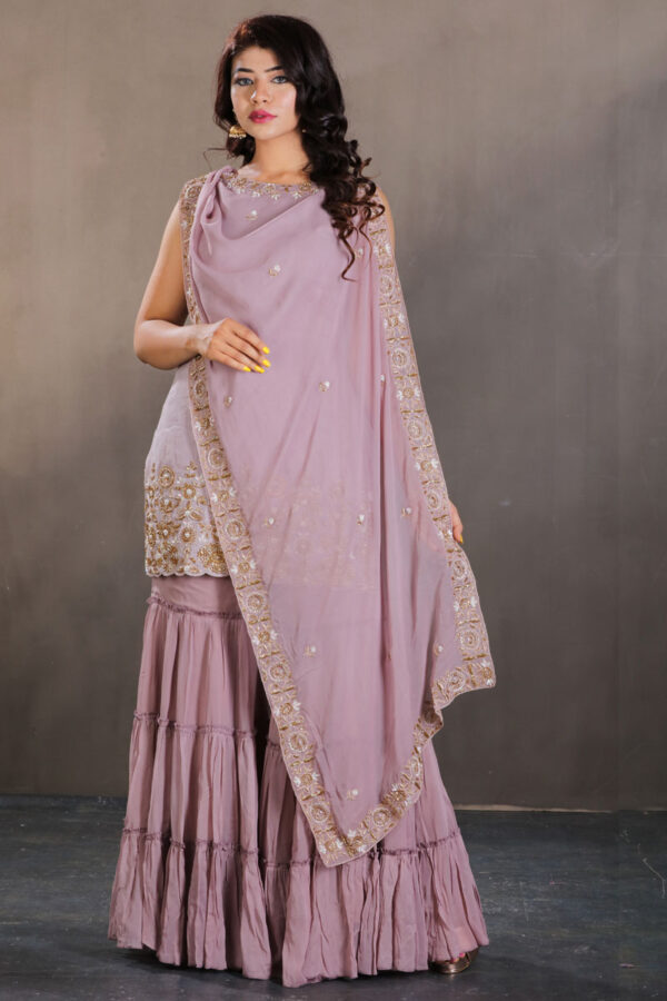Order Purple Silk Kurti with Attached Sharara & Dupatta Dress Online