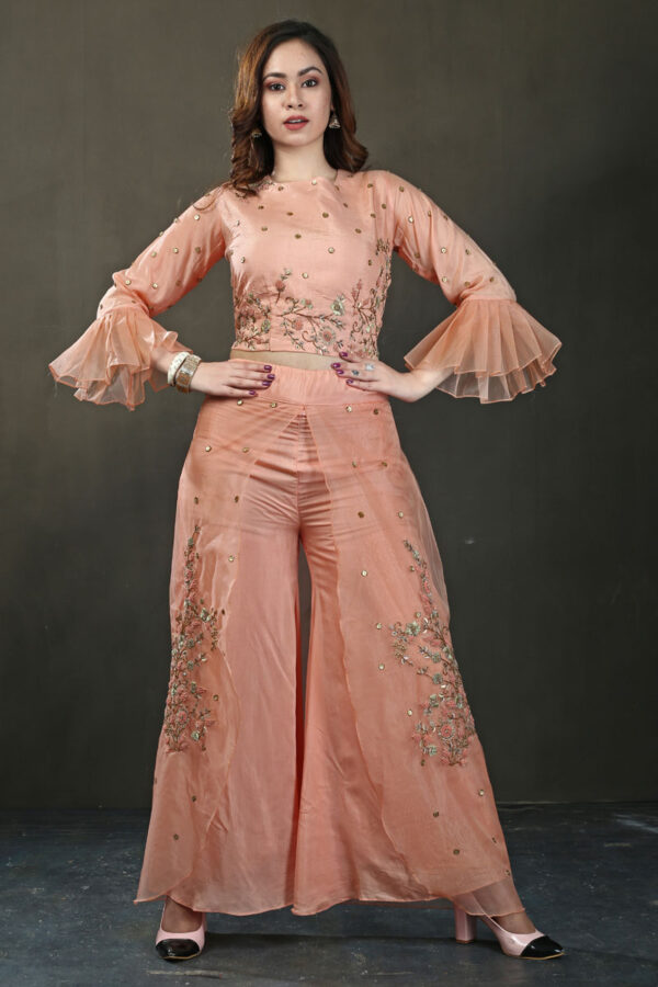 Order Peach Top with Wrap Around Pant Dress Online in India