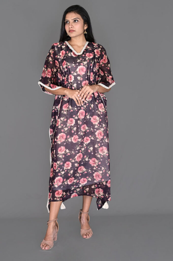 Buy Brown Georgette Floral Print Kaftan Dress Online in India
