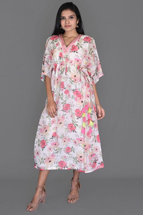 Buy Cream Georgette Floral Print Kaftan Dress Online