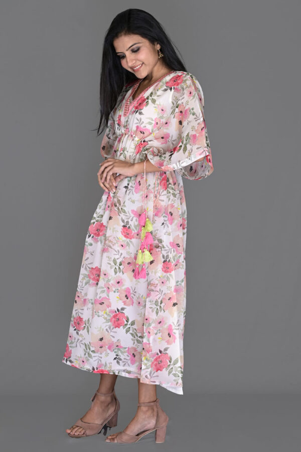 Order Cream Georgette Floral Print Kaftan Dress Online in India