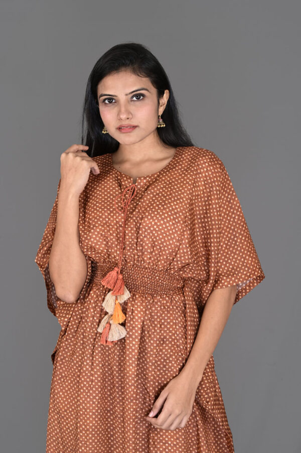 Brown color dot print kaftan in cotton silk fabric