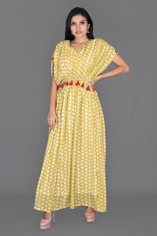 Buy Lemonish Green with White Triangle Print Kaftan Dress Online