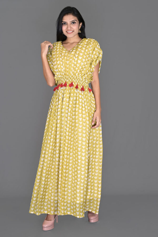 Order Lemonish Green with White Triangle Print Kaftan Dress Online