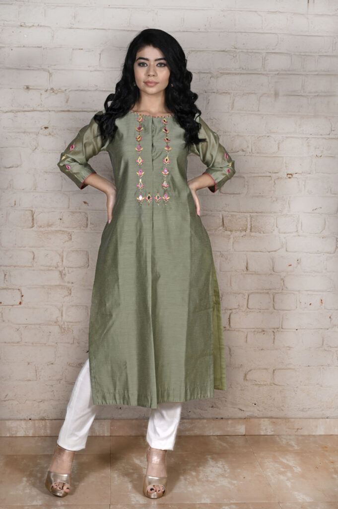 Order Mehandi Green Mirror Work Chanderi Kurti Online in India