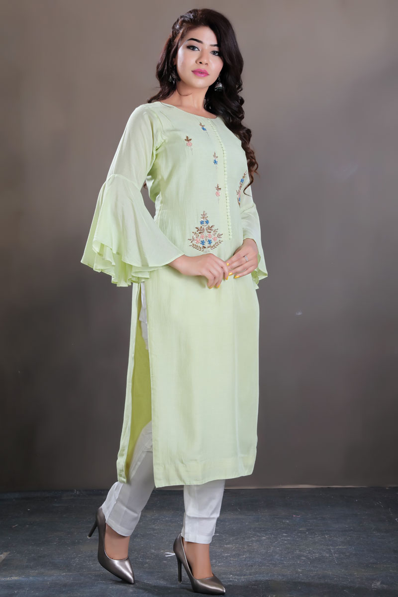 Tvis and Bliss. Parrot Green Round Neck Embroidered Kurta