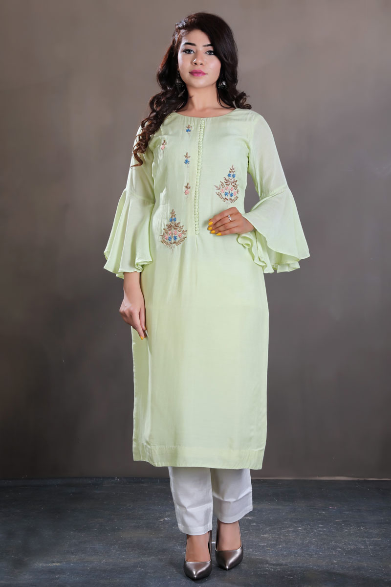 Cotton Kurti with bell sleeves and great embellishments. | Fashionista  clothes, Blouse design models, Fashion design clothes