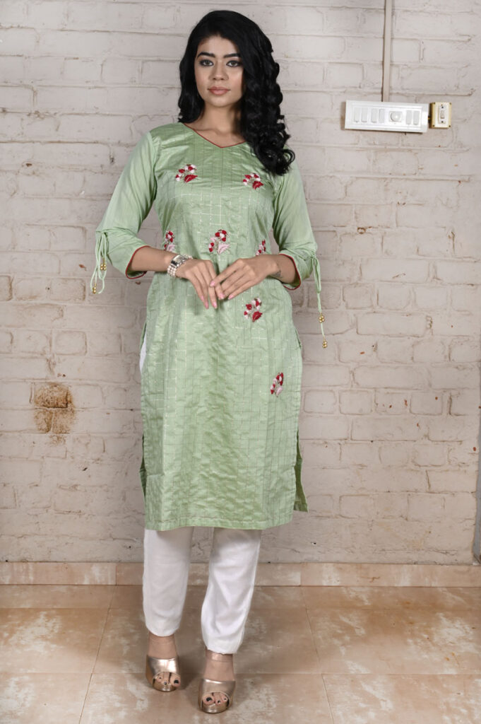 Buy Mud Green Chanderi Checks Multi Butta Kurti Online in India