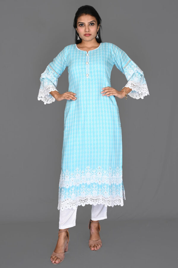 Order Sky Blue Printed with White Dual Border Kurti Online in India