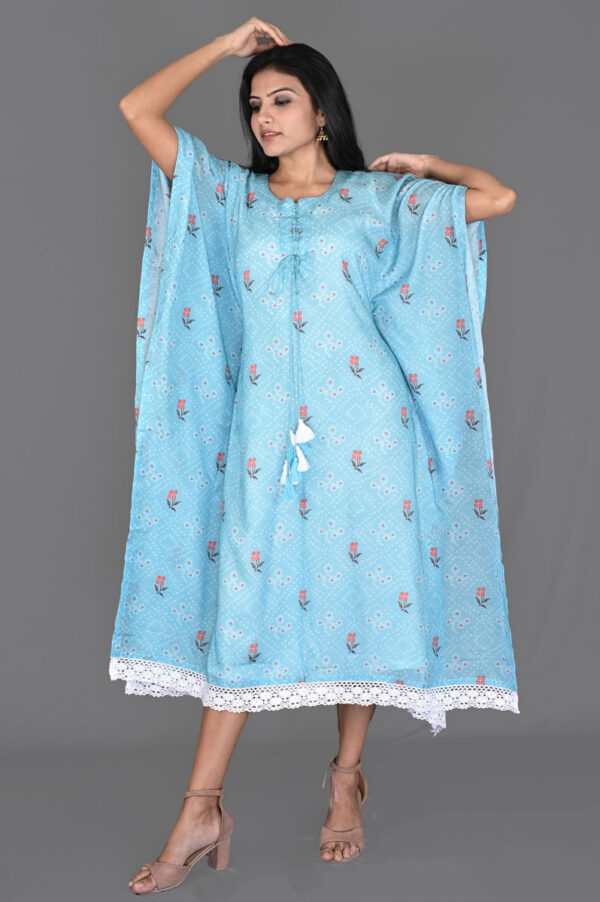 Order Sky Blue with Floral and Bandhani Print Kaftan Dress Online