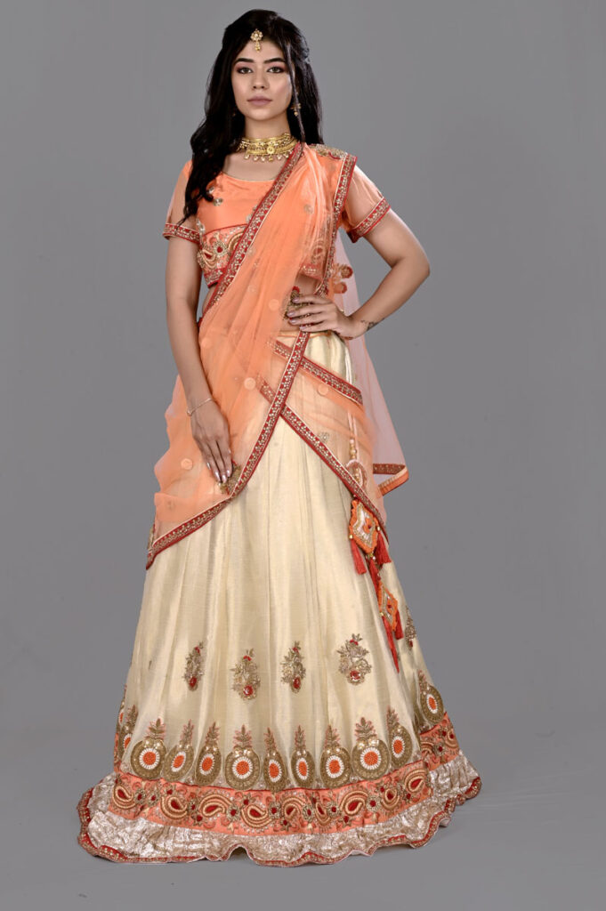 Orange Cream Zardosi Lehenga Online in India