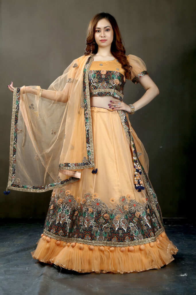 Buy Orange / Blue Organza Lehenga Online