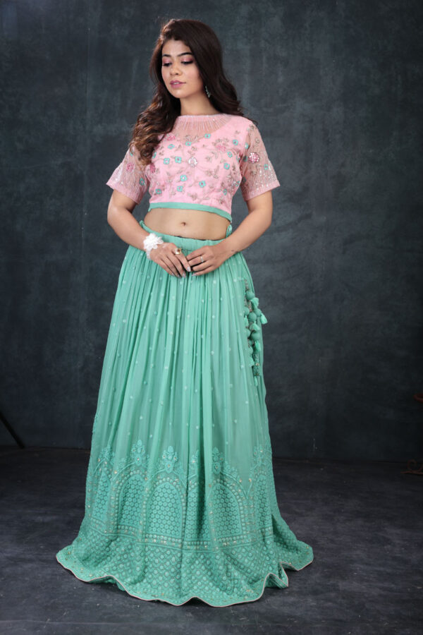 Buy Pink-Turquoise Threadwork Lehenga Set Online in India
