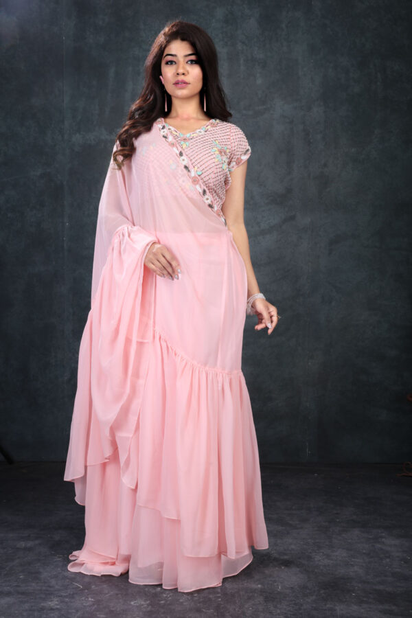 Buy Baby pink georgette blouse, Lehenga ,& Ruffle Dupatta Online in India