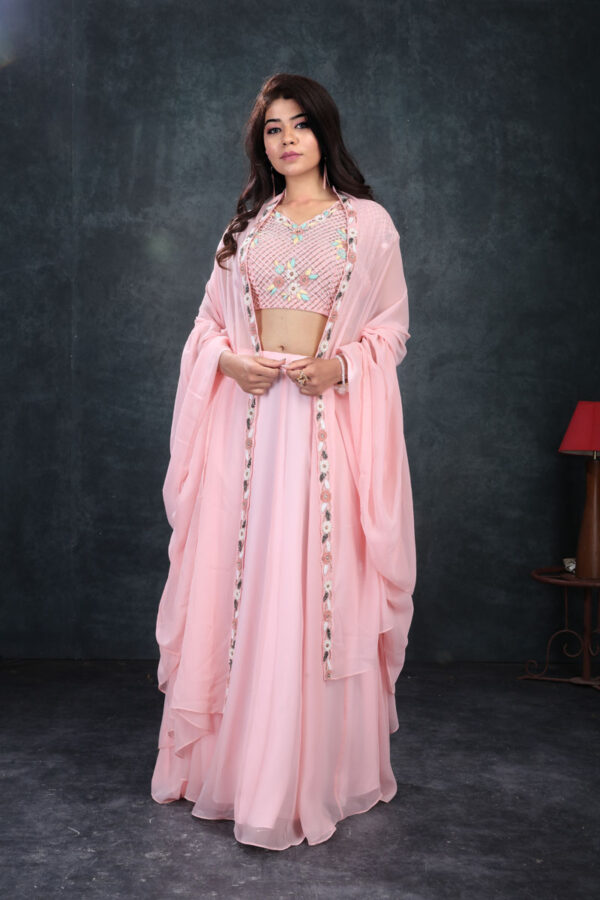 Order Baby pink georgette blouse, Lehenga ,& Ruffle Dupatta Online
