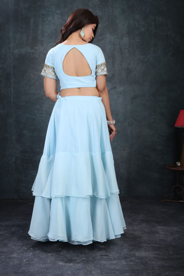 Order Sky Blue Georgette Blouse, Lehenga & Dupatta Dress Online