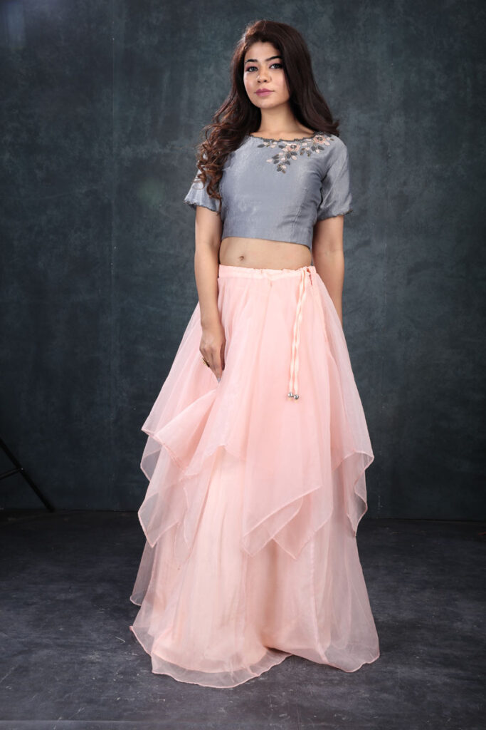 Order Peach Organza Lehenga with Blouse & Dupatta Online