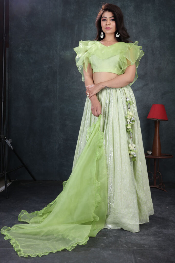 Buy Pastel Green Silver Strip Skirt, Blouse & Dupatta Dress Online