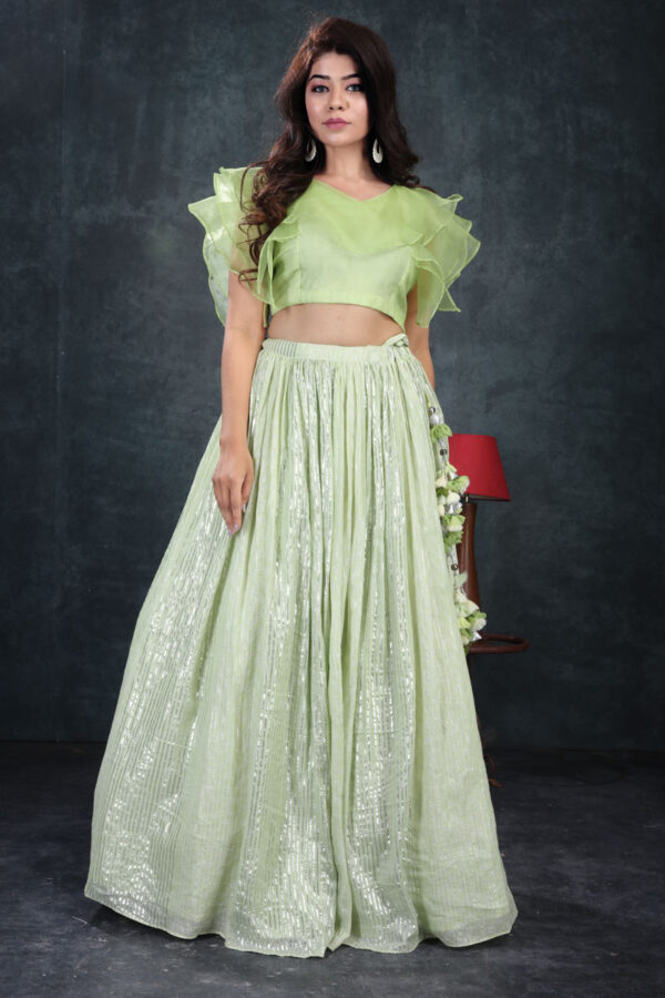 Order Pastel Green Silver Strip Skirt, Blouse & Dupatta Dress Online