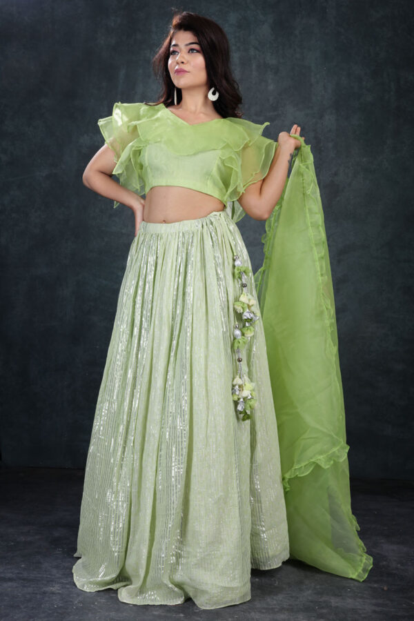 Buy Pastel Green Silver Strip Skirt, Blouse & Dupatta Dress Online in India