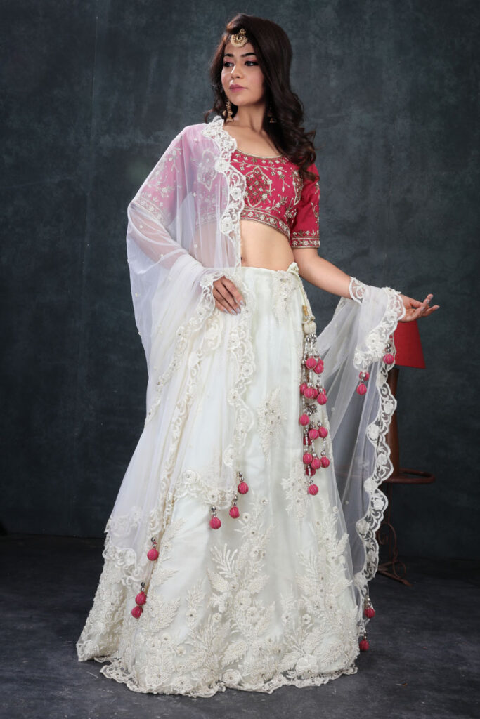 Peach Mukesh Work Lehenga with Blouse & Dupatta