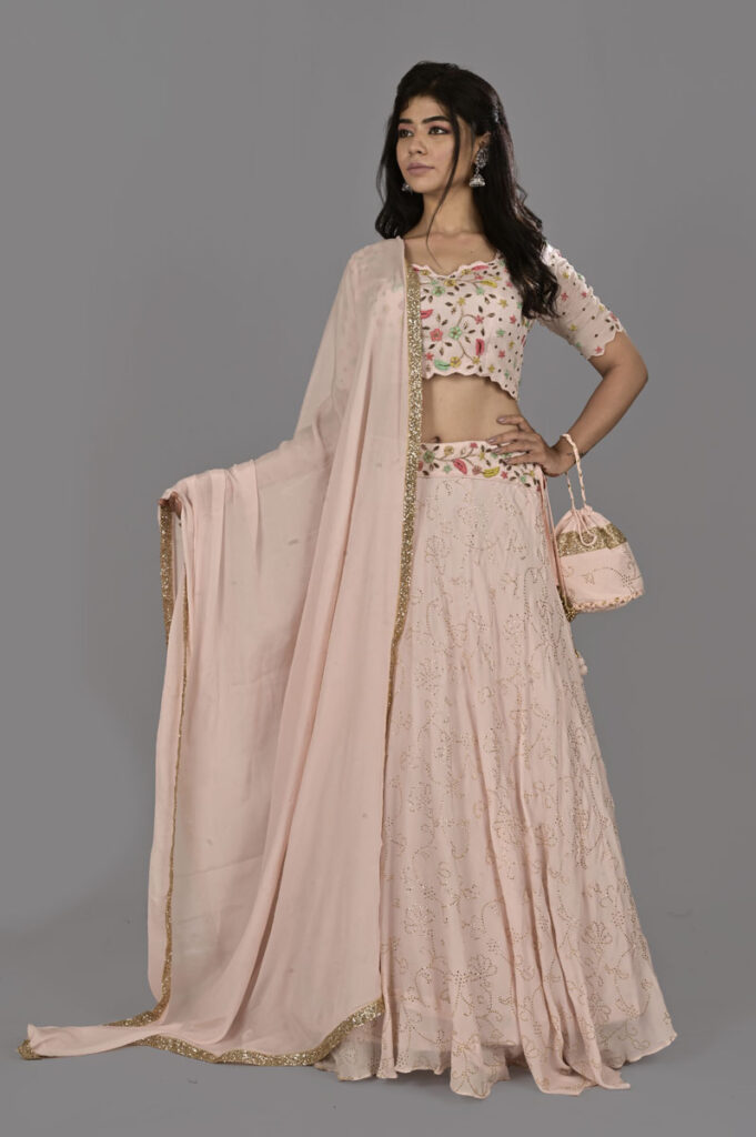 Buy Peach Mukesh Work Lehenga with Blouse & Dupatta Online
