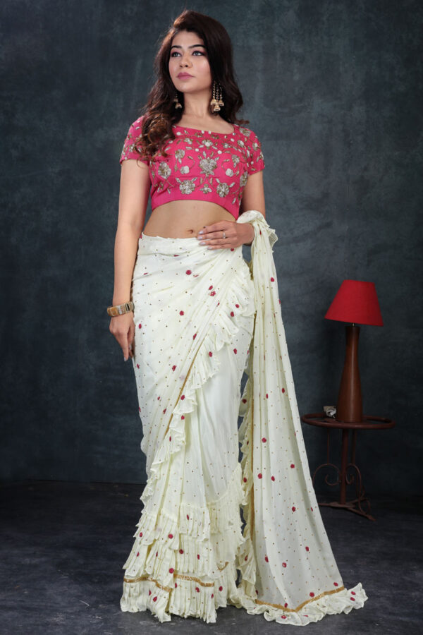 Buy Off-White Ruffle Saree & Blouse online in India