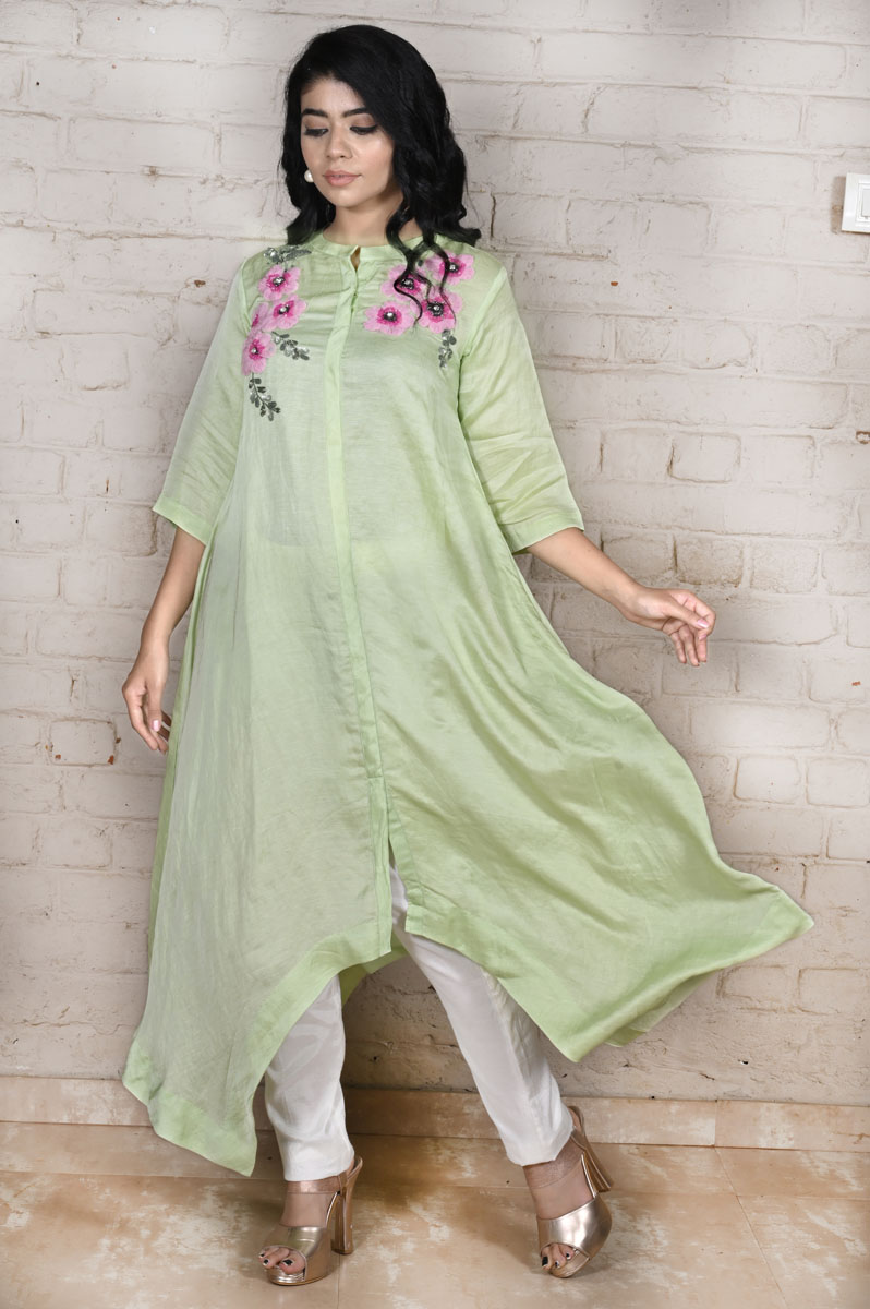 Pastel Green Flare Dress with Organza Work