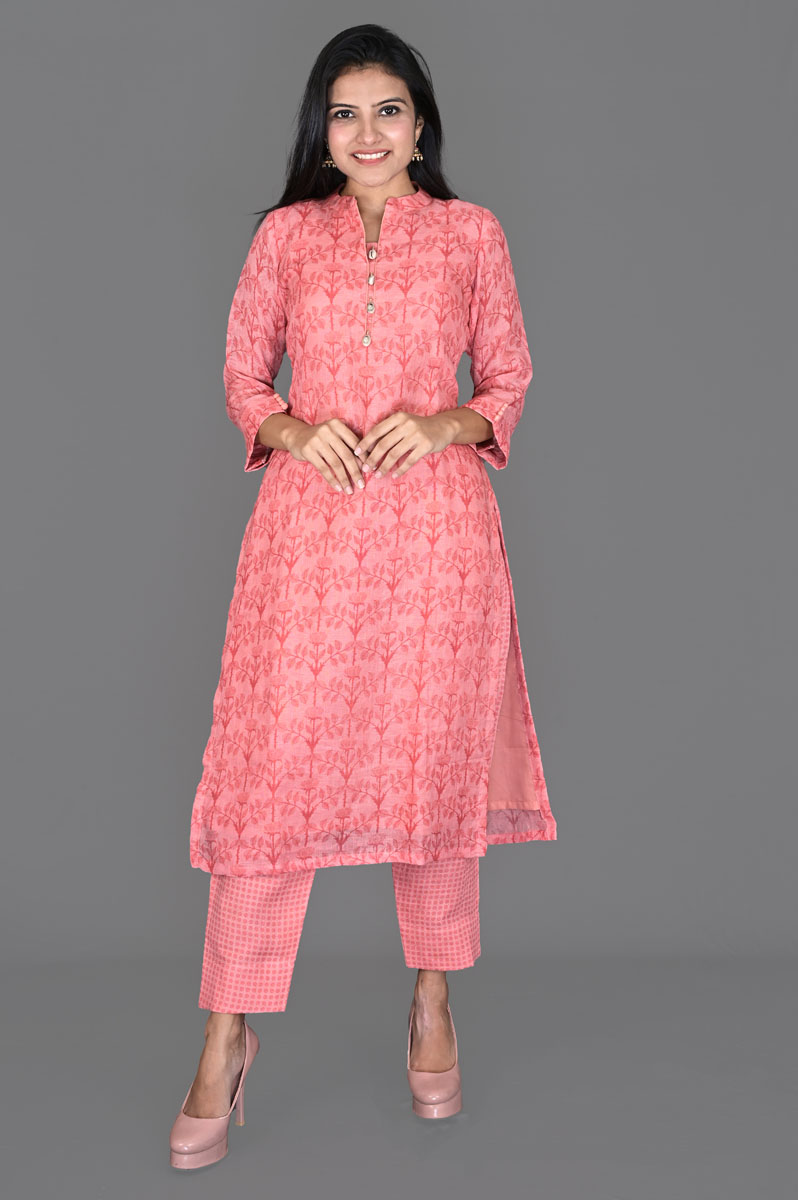 Pinkish Red Floral Print Linen Kurti with Pants