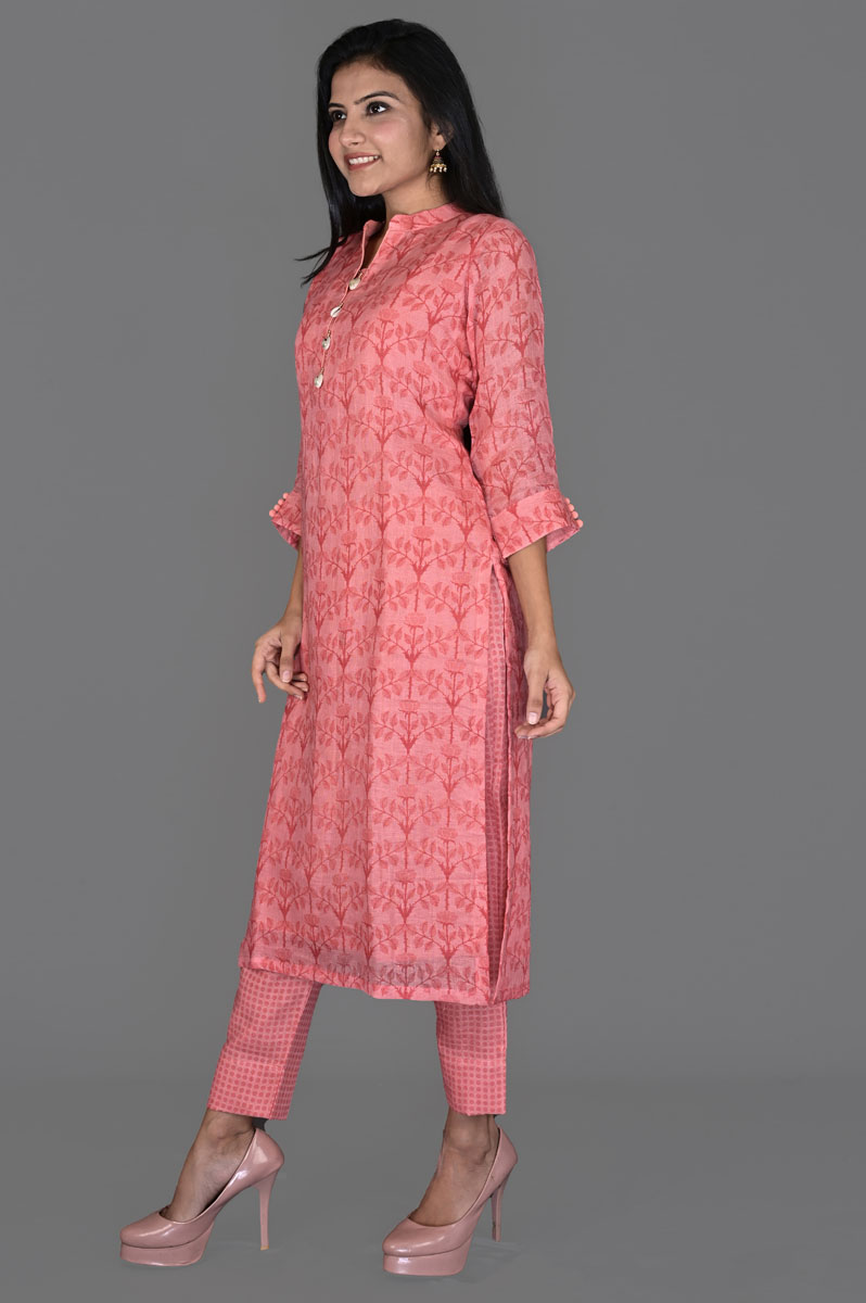 Pinkish Red Floral Print Linen Kurti with Pants